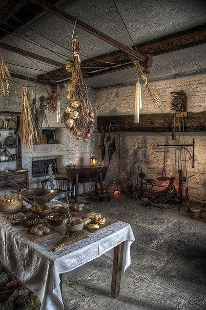 The Witch's Kitchen Witch Cottage, Kitchen Witchery, Medieval Life, Hedge Witch, Witch House, Kitchen Witch, The Ceiling, Design Case, Rustic Dining Table