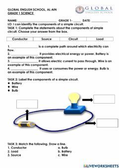 Components of circuit Language: English Grade/level: 1 School subject: Science Main content: Electric circuits Other contents: Electric Circuit Worksheet, Electric Circuit Drawing, Electricity Worksheets For Grade 2, Electric Circuits For Kids, Electricity Basics, Electricity Worksheet, Simple Electric Circuit, Electricity Activities, Insulators And Conductors