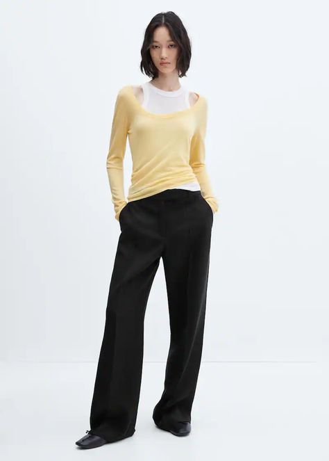 Low-waist wideleg trousers - Woman | Mango Canada Mango Trousers, Baggy Trousers, Mango Outlet, Suit Style, High Leg Boots, Low Waist, Trousers Women, Work Outfit, Latest Fashion Trends