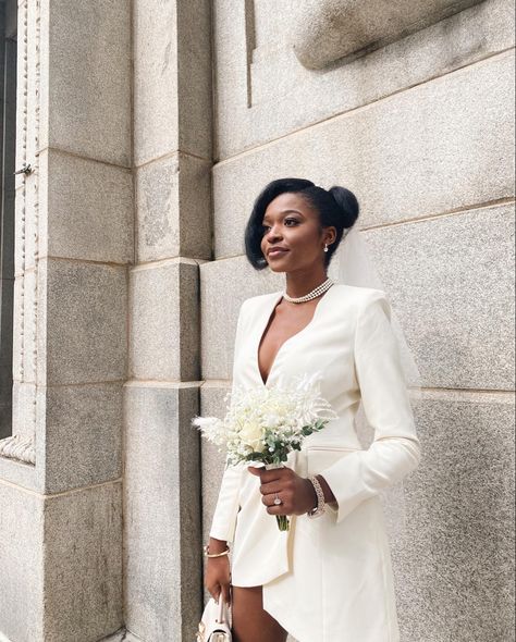 Black bride | silk press | natural hair | alt bride | bridal bouquet | Zara blazer dress | pearls Courthouse Wedding Hairstyles Simple, Blazer Wedding Dress The Bride, Classy Courthouse Wedding Dress, Simple Civil Wedding Dress Courts, Blazer Wedding Dress, Courthouse Dress, December Elopement, Courthouse Wedding Outfit, Civil Wedding Dresses Courts