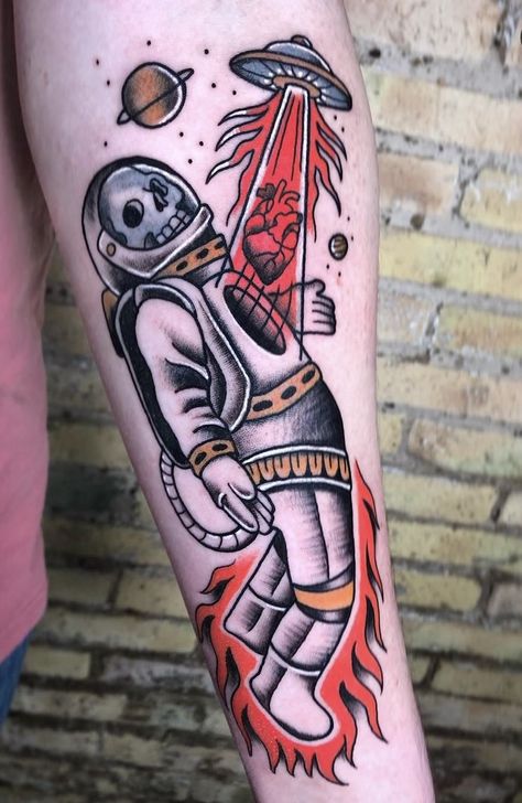 American Traditional Galaxy Tattoo, Traditional Sci Fi Tattoo, American Traditional Astronaut, Neo Traditional Space Tattoo, Old School Astronaut Tattoo, Traditional Spaceship Tattoo, Alien Skull Tattoo, Astronaut Traditional Tattoo, American Traditional Astronaut Tattoo