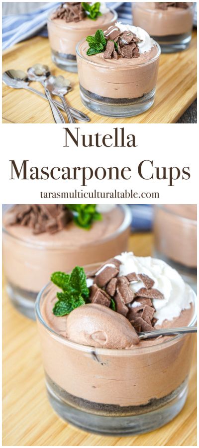 Nutella Mascarpone Cups in three glasses with whipped cream, mint, and chocolate flakes. Uses For Mascarpone Cheese, What To Make With Mascarpone Cheese, Easy Mascarpone Dessert, Marscapone Recipes Desserts, Mascarpone Dessert Recipes, Nutella Dessert Recipe, Mascarpone Recipes Dessert, Marscapone Dessert, Marscapone Recipes