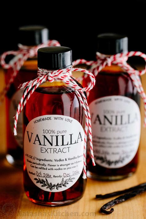 Vanilla Extract Recipe - How to Make Vanilla Extract - NatashasKitchen Vanilla Extract Wedding Favors, Homemade Vanilla Extract Gift, Diy Extracts, Make Vanilla Extract, Vanilla Extract Recipe, Homemade Vanilla Extract, Vodka Brands, Vanilla Beans, Homemade Spices