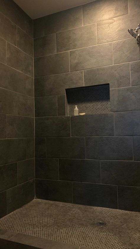 theayanabracero on Instagram: This how my shower remodel went … it’s a whole vibe okkkk Grey Stone Shower Ideas, Large Dark Tile Shower Ideas, Dark Master Shower Ideas, Dark Stone Shower Tile, Walk In Shower Black Tile, Dark Tile Shower Ideas Small Bathrooms, Dark Bathroom Shower Tile, Bathroom With Dark Shower Tile, Shower Remodel Dark Tile