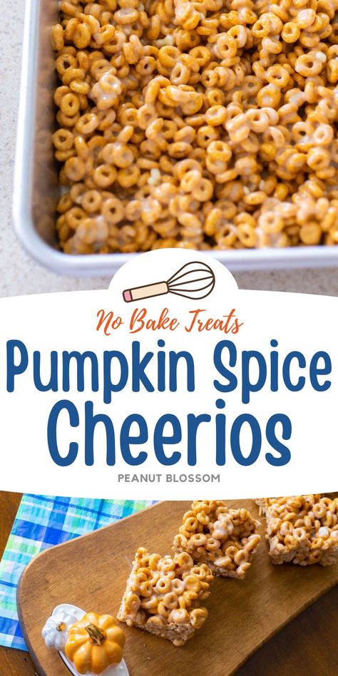 Pumpkin Spice Cheerios Bars Pumpkin Spice Cheerios Treats, Pumpkin Cheerio Bars, Fall Cereal Treats, Cheerios Dessert Recipe, Halloween Cheerio Treats, Pumpkin Spice Cheerios Recipes, Pumpkin Spice Cheerio Bars, Pumpkin Cheerios Recipes, Honey Nut Cheerios Snack Mix Recipes