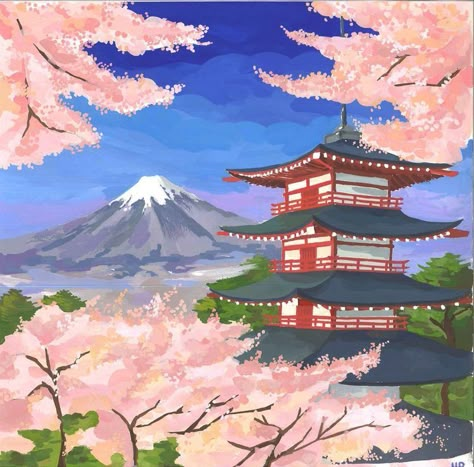 Fiji Mountain, Mt Fuji Painting, Pagoda Painting, Fuji Painting, Sakura Painting, Mount Fuji Japan, Fuji Japan, Tokyo Art, Japan Painting