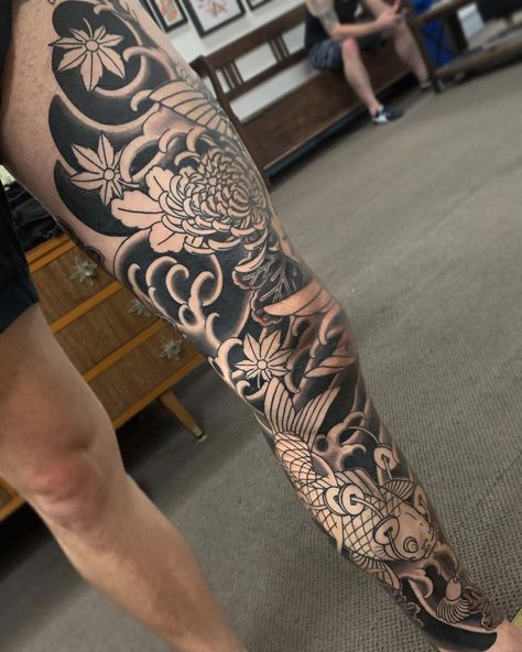 Inside view of Robbie's leg sleeve in progress . 🌐 www.jarradchivers.com 📧 contact- jarrad.chivers@gmail.com 🌐 lighthousetattoo.com.au 📧 contact@lighthousetattoo.com.au ☎️ (+61 2) 9316 4565 #koi #koitattoo #legsleeve #japaneselegsleeve #japanesesleevetattoo #japanesetattoo #irezumi #watertattoo #jarradchivers Japanese Leg Tattoo Sleeve, Japanese Leg Sleeve, Japanese Leg Tattoo, Japanese Legs, Water Tattoo, Koi Tattoo, Leg Sleeve Tattoo, Japanese Sleeve Tattoos, Leg Sleeve