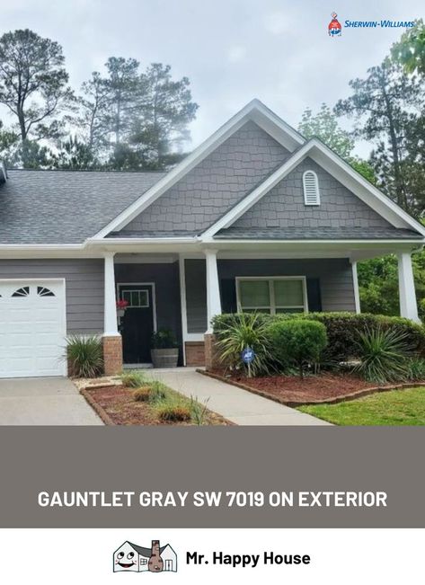 Gauntlet Gray SW 7019 from Sherwin Williams @SherwinWilliams #sherwinwilliams #paintcolors #paintcolor #housepaint #housepainting #exteriorhousepainting #housepaintcolors #gauntletgray Exterior Farmhouse Colors, Gray Home Exterior, Grey Exterior House Colors, Mr Happy, Exterior Gray Paint, Gauntlet Gray, Gray House Exterior, Gray Exterior, White Exterior Houses