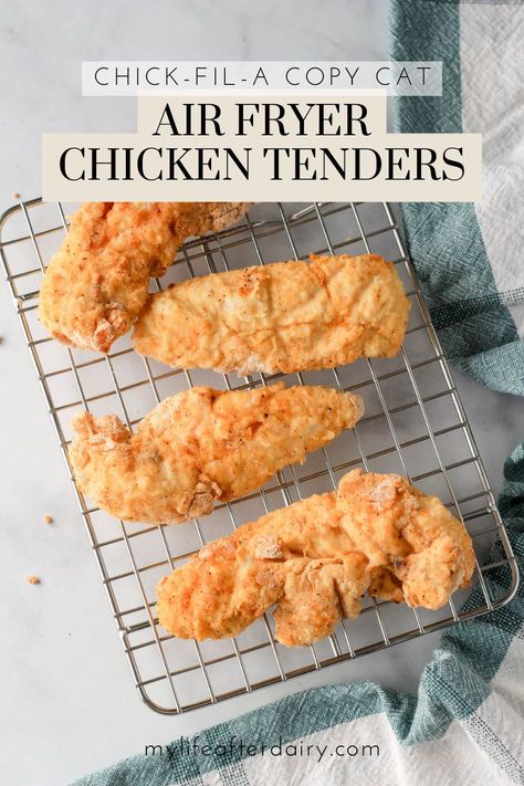 Craving Chick-Fil-A? Try These Easy Air Fryer Chicken Tenders! Get ready to indulge in mouthwatering chicken tenders that taste just like Chick-Fil-A, but with a healthier twist! With this easy and delicious air-fried recipe, you'll create tender, crispy, and flavorful chicken pieces that are perfect for your next lunch or dinner. Dairy-free and hassle-free, this recipe will be your new go-to for satisfying those cravings while keeping it guilt-free! Air Fryer Chicken Tenders With Flour, Air Fried Chicken Tenders No Breading, Air Fryer Buttermilk Chicken Tenders, Raw Chicken Tenders In Air Fryer, Chick Fil A Chicken Recipe Air Fryer, Air Fryer Chicken Tenders Flour, Easy Air Fryer Chicken Tenders, Chicken Tender Air Fryer, Chick Fil A Tenders Recipe