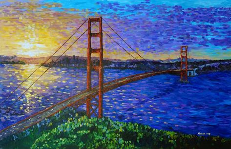 Sunset at Golden Gate Bridge in San Francisco Painting by marinelaArt Fine Art Painting on 36 x 24 Large Canvas Paintings - Etsy Portugal San Francisco Painting, Large Canvas Painting, San Francisco Art, Banana Boat, City Wall Art, Branch Decor, Painting Art Lesson, Small Canvas Art, Landscape Drawings