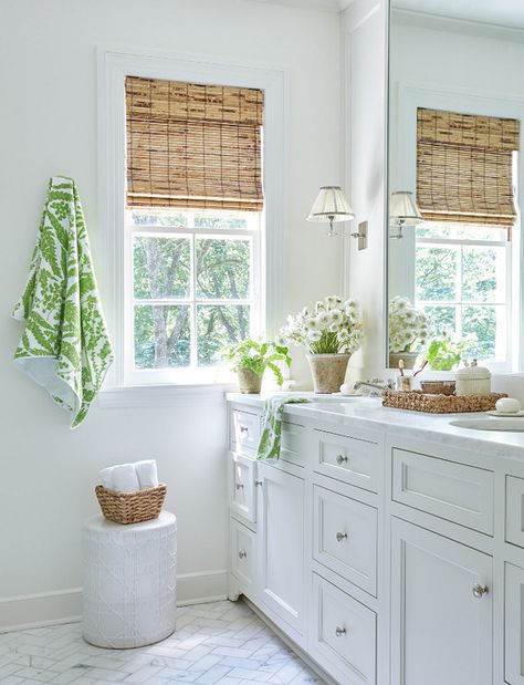 Bathroom Window Privacy, Small Bathroom Window, Bathroom Window Curtains, Bathroom Window, Bamboo Blinds, Small Remodel, White Vanity Bathroom, Bathroom Windows, Trendy Bathroom