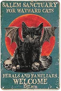 Salem Sanctuary for Wayward Cats Ferals and Familiars Cat Retro Metal Tin Sign Vintage Sign for Home Coffee Wall Decor 8x12 Inch All Black Cat, Cat Magic, Chat Halloween, Cat Skull, Black Cat Art, A Black Cat, Welcome Poster, Cat Signs, Halloween Vintage