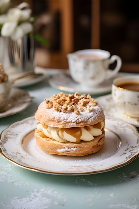 Transport yourself to a Parisian dream with this exquisite Paris-Brest creation. Served on vintage porcelain, it's a taste of French sophistication. Bon appétit! 🥂🗼 #ParisianIndulgence #PastryArtistry #FoodPorn #Dessert #Photography French Bakery Photoshoot, French Bakery Photography, Pastry Photography Styling, Parisian Desserts, Pastries Photography, Patisserie Photography, Pastry Photography, Cafe Desserts, Cv Ideas