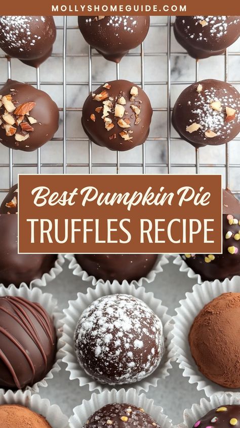 Indulge in the delightful flavors of fall with these easy-to-make pumpkin pie truffles. These rich, creamy treats are perfect for satisfying your sweet tooth cravings or for sharing at festive gatherings. With a blend of pumpkin and spice coated in decadent chocolate, these truffles will surely be a hit with friends and family. Enjoy the taste of homemade pumpkin pie in each bite without all the hassle of baking. Pumpkin Spice Mousse Recipe, Pumpkin Pie Truffles From Pie, Pumpkin Truffles Recipe, Pumpkin Pie Oreo Balls, Fall Truffles, Pumpkin Spice Truffles, Pumpkin Pie Truffles, Pumpkin Pie Bites, Protein Truffles