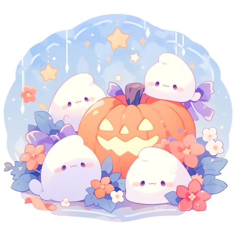 Cute Kawaii Halloween Scene Pumpkin and Ghosts Happy Sticker. Happy Halloween Anime Art, Cute Art Halloween, Cute Halloween Artwork, Halloween Wallpaper Kawaii, Kawaii Ghost Drawing, Halloween Cute Illustration, Kawaii Halloween Decor, Cute Pumpkin Art, Halloween Kawaii Wallpaper