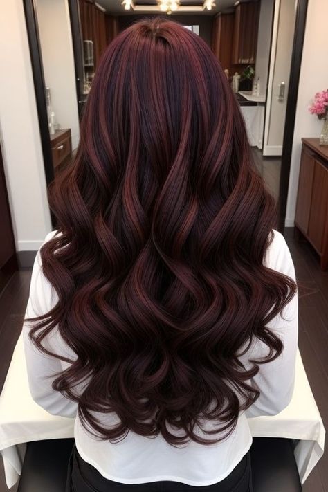 Dark Red Copper Balayage, Dark Hair Maroon Highlights, Black Brown Red Hair, Cherry Wine Balayage Hair, Brunette To Maroon Hair, Brownish Red Balayage, Hair Dye Ideas Pale Skin, Dark Brown Hair With Cherry Cola Highlights, Mohagany Brown Hair Color Fall