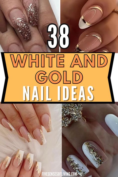 French Manicure Designs With Gold, White And Gold Ombré Nails, French Manicure With Golden Tips, New Years Nail Designs White And Gold, Pink And White Ombre Nails With Gold, Summer White And Gold Nails, Gold Chrome And White Nails, Gala Nails Simple, Gold And Silver French Tip Nails