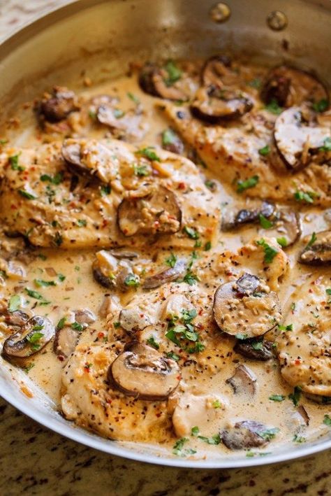 One Skillet Chicken with Garlicky Mushroom Cream Sauce - ready in 30 minutes and perfect over a bed of pasta! #oneskilletchicken #chickendinner #mushroomchicken | Littlespicejar.com One Skillet Chicken, Mushroom Cream Sauce, Chicken With Mushrooms, Mushroom Cream Sauces, Chicken Skillet Recipes, Cream Sauce Recipes, One Skillet, Bakery Ideas, Idee Pasto