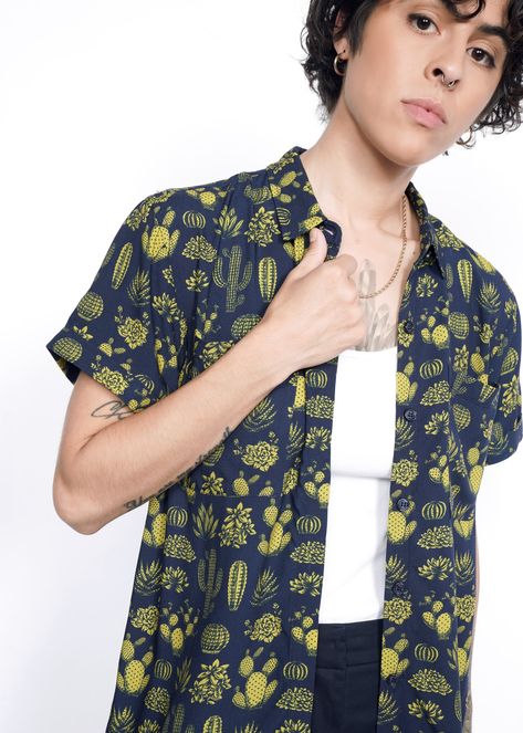 The Empower Button Up - Wildfang Black Peony, Gender Neutral Clothes, Navy Gingham, Harajuku Outfits, Flowy Fabric, Sleeve Cuff, Gingham Check, Short Sleeve Button Up, Drawstring Pants