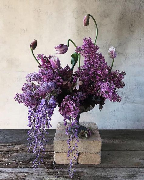 Art Nouveau Floral Arrangement, Art Nouveau Centerpiece, Art Nouveau Flower Arrangements, Wisteria Flower Arrangements, Wisteria Arrangements, Fleurs Art Nouveau, Modern Floral Arrangements, Purple Bouquet, Art Nouveau Floral