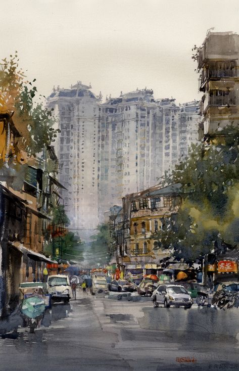 City Views - American Watercolor City Landscape Watercolor, City Life Painting, Watercolor Art City, City Watercolor Painting, Watercolour City, City Watercolor, Watercolor Cityscape, Watercolor Scenery, Art Final