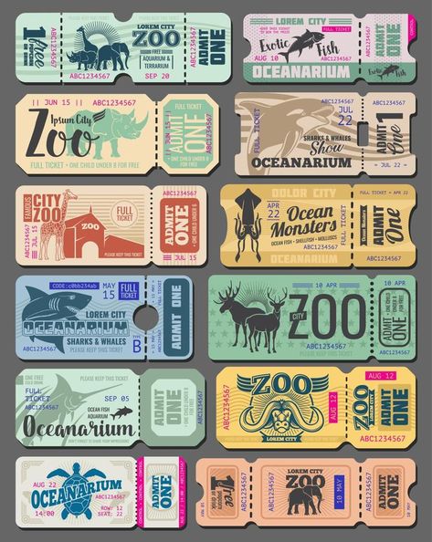 Vector vintage tickets of zoo animals and fish Admit Ticket, Zoo Entrance, Ocean Monsters, Zoo Tickets, Vintage Tickets, Fish Illustrations, Disney Big Hero 6, African Giraffe, City Zoo