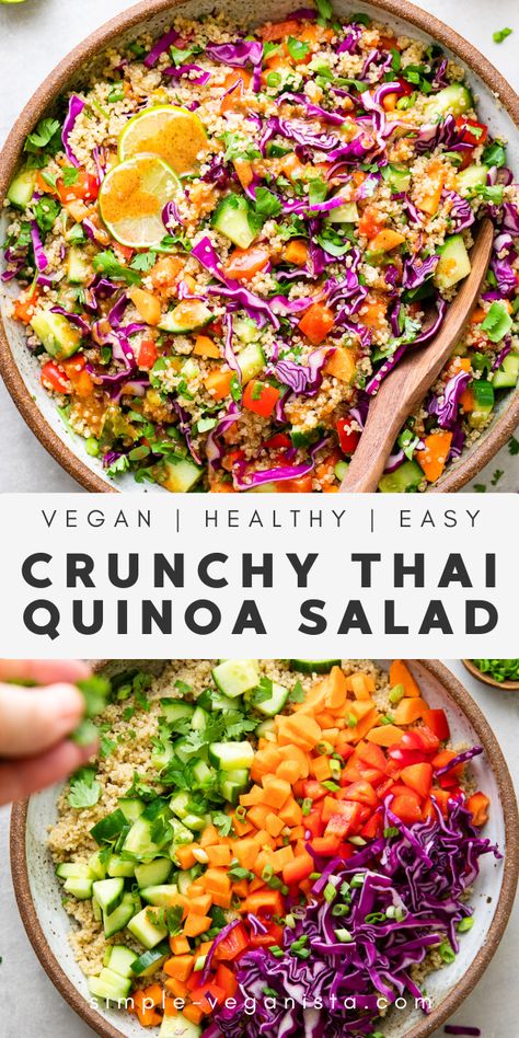 Crunchy Thai Quinoa Salad recipe features a colorful mix of veggies and tossed with a quick and easy creamy almond dressing for a delicious and addicting vegan lunch, dinner or meal prep! #healthyrecipes #veganrecipes #plantbased Almond Dressing, Thai Quinoa Salad, Thai Quinoa, Quinoa Recipes Healthy, Resep Diet Sehat, Quinoa Salad Recipe, Gourmet Salad, Quinoa Salat, Resep Diet