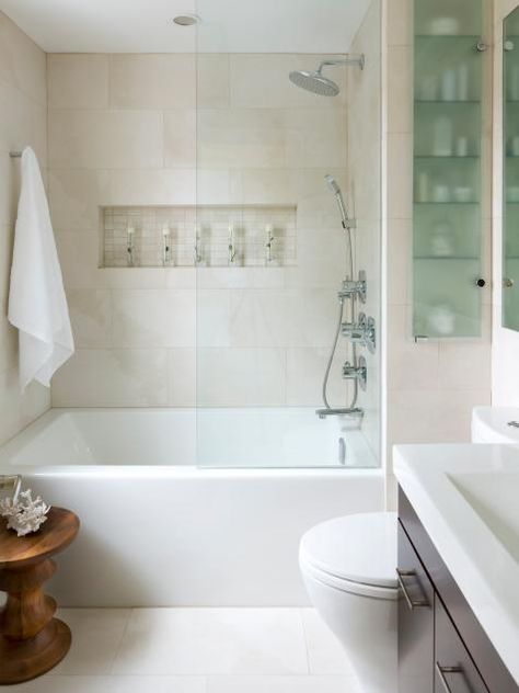 HGTV has inspirational pictures and expert tips on small bathroom decorating ideas that add style and appeal to a snug bathroom space. Bilik Air Kecil, Bathroom Tub Shower Combo, Spa Inspired Bathrooms, Makeover Kamar Mandi, Bilik Air, Bathroom Tub Shower, Decor Baie, Small Remodel, 아파트 인테리어