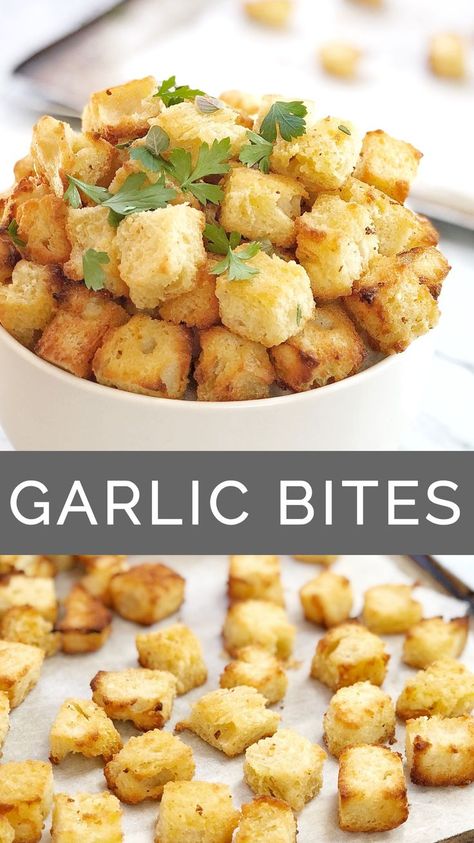 Crunchy Garlic Bread Bites - little cubes of garlic bread heaven. Lightly crunchy on the outside, but still slightly chewy in the middle, covered in butter and garlic goodness. These mini garlic bread bites are addictive! #chefnotrequired #garlicbread #garlic Garlic Bread Bites, Cookies Pudding, Muffin Cookies, Crunchy Garlic, Bread Bites, Cake Brownie, Recipe Web, Recipes Salads, Camping Snacks