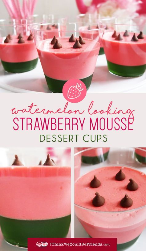 Strawberry Mousse & Lime Jello Dessert Cups look like Watermelon! Simple no-bake summer recipe! - I Think We Could Be Friends Lime Jello Dessert, Jello Dessert Cups, Easy Strawberry Mousse, Cooking Artichokes, Strawberry Mousse Recipe, Watermelon Jello, Mousse Cups, Dessert Cups Recipes, Watermelon Birthday Parties