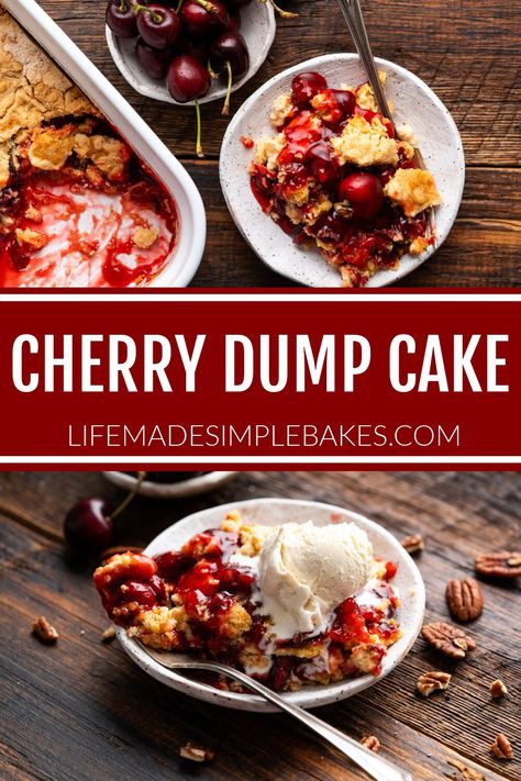 This Cherry Dump Cake is the easiest cake you will ever make! All you need is 5 ingredients and 1 hour and you have a crumbly, cherry-filled cake at your fingertips! Dump Cake With Pie Filling, Cake With Pie Filling, Cherry Pie Filling Recipes, Cherry Dump Cake Recipe, Easy Spring Recipes, Cherry Dump Cake, Dump Cake Recipe, Spring Recipe, Fruity Cake