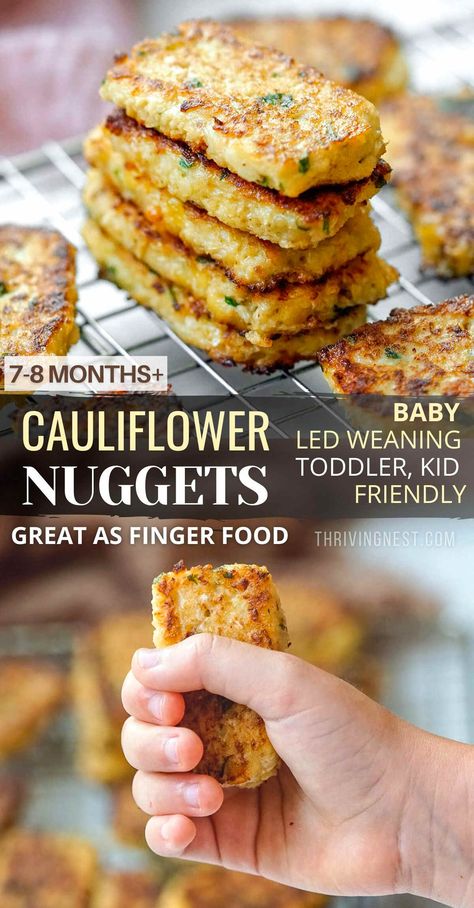 Cauliflower Nuggets Baby Finger Food (BLW) | ThrivingNest Blw Recipes 8 Months Meal Ideas, Solid Starts Recipe, Weening Food Ideas, Bell Pepper Recipes Blw, Baby Food Recipes 4-6, Baby Lean Weaning Foods, Cauliflower Nuggets Baked, Blw Lunch Recipes, Blw Dinner Recipes