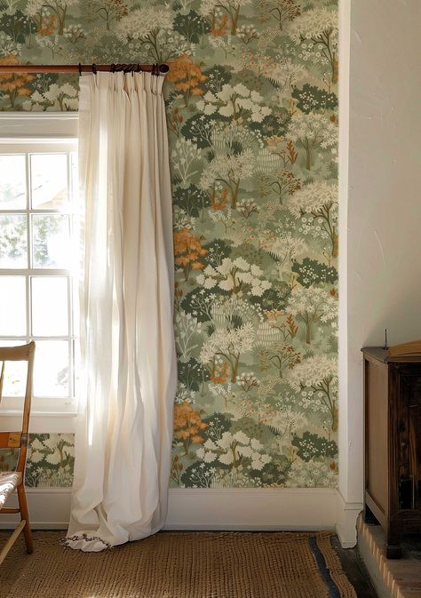 Inspired by Nature!  🌿✨ Transform your space into a charming English countryside retreat with our enchanting Peel and Stick wallpaper!  Featuring a delightful blooming tree pattern in earthy yellows, greens, oranges, and browns, this design embodies the cozy elegance of cottage core style. Whether you choose our easy self adhesive option or the classic traditional wallpaper, you'll infuse your room with the warmth of a lush garden in full bloom.  🌳🌼 Perfect for any living room, bedroom, or nu Plant Room Wallpaper, Cottage Core Bedroom Wallpaper, Earthy Bedroom Wallpaper, Cottage Core Basement, Modern Cottage Core House Interior, Green Wallpaper House, Cozy Home Wallpaper, Bungalow Wallpaper, Wallpaper In House