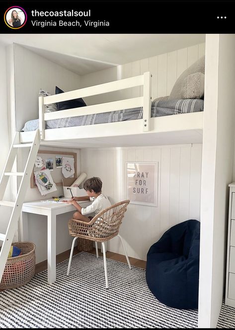 Cama Stora Ikea, Ikea Stora Loft Bed Hack Small Rooms, Built In Loft Bed With Desk, Coastal Boys Bedroom, Diy Loft Bed With Desk, Built In Loft Bed, Built In Loft, Desk Under Bed, Boys Bedroom Bunk Beds