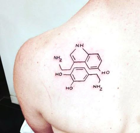 Scienence Tattoo Formula Of Happiness Chemistry Dopamine Seritonin On Mans Back Chemical Structure Tattoo, Chemical Tattoo, Dopamine Tattoo, Scientific Tattoo, Symbol For Happiness, Serotonin Tattoo, Chemistry Tattoo, Science Tattoo, Science Tattoos