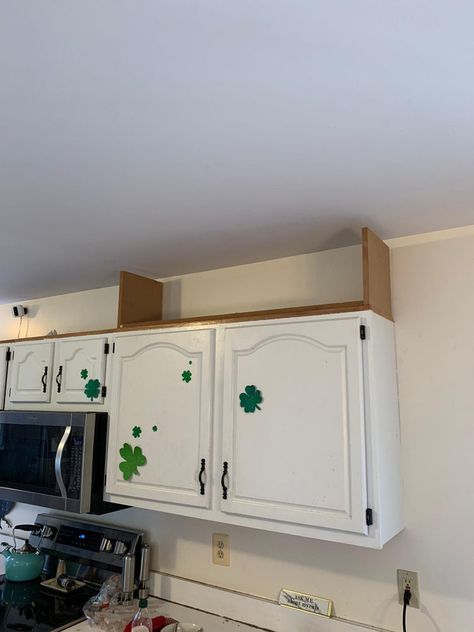 Building Boxes Above Cabinets, Kitchen Cabinet Top Boxes, Build Boxes Above Kitchen Cabinets, Modern Above Cabinet Decor, Cubbies Above Kitchen Cabinets, Above Cabinet Storage, Storage Above Kitchen Cabinets, Kitchen Cabinets Lighting, Ideas For Above Kitchen Cabinets