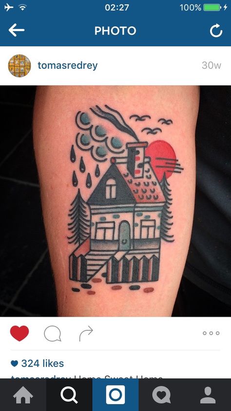 Home sweet home traditional tattoo Traditional Burning House Tattoo, American Traditional House Tattoo, Traditional House Tattoo, House Tattoo Traditional, House Tattoos, Tattoos 2024, House Tattoo, Burning House, Traditional Style Tattoo