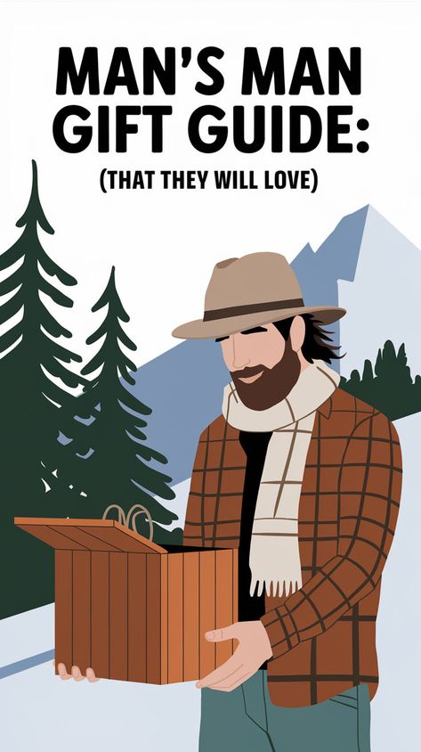 A Pinterest pin with the text "Man's Man Gift Guide: **That They Will Love!**". The image is an illustration of an outdoorsy man receiving a gift. The man has a beard and is wearing a hat, a plaid shirt, and a scarf. He is standing in a snowy landscape. The gift is a wooden box with a lid. There are pine trees and a mountain in the background. Outdoorsy Gift Ideas, Outdoor Gifts For Men, Outdoorsy Man, Outdoorsy Men, Camping Gear Gadgets, Unique Gifts For Boyfriend, Essential Camping Gear, Outdoorsy Gifts, Outdoor Gifts