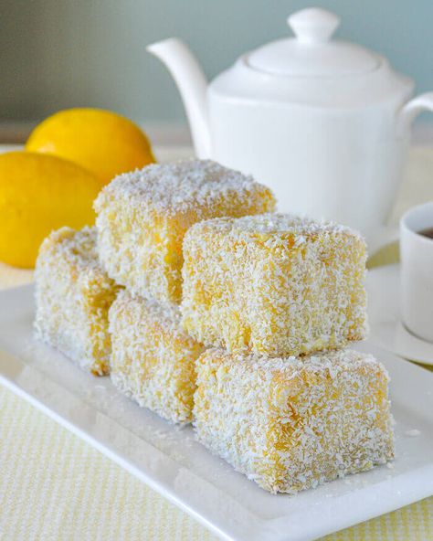 Lemon Lamingtons Lamingtons Recipe, Lemon And Coconut, Raspberry Compote, Moist Vanilla Cake, Australia Food, Kolaci I Torte, Lemon Desserts, Vanilla Cream, Lemon Recipes