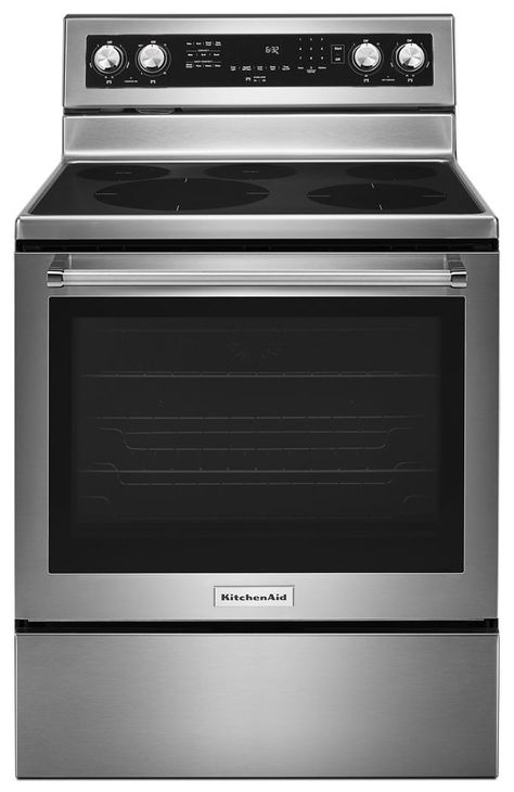 This versatile electric freestanding range produces flawless cooking results with Even-Heat™ True Convection. The unique bow-tie design and convection fan ensure the inside of the entire oven is heated to, and stays at, the perfect temperature. The cooktop features five heating surfaces, including a dedicated warming zone, allowing you to do more on your range. | KitchenAid 30 in. 5-Element Electric Convection Range in Steel Convection Range, Kitchen Aid Appliances, Convection Cooking, Range Microwave, Single Oven, Outdoor Refrigerator, 5 Elements, Electric Stove, Electric Range