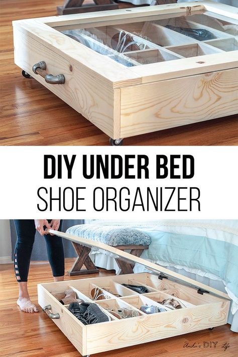 Such a great idea! DIY under bed shoe storage idea! Using a drawer. Full how to build tutorial including woodworking plans and video tutorial. Great for organizing shoes in small spaces and bedrooms or closets! #AnikasDIYLife #organization #woodworking Shoe Organization Diy, Under Bed Organization, Projek Diy, Små Rum Lidt Plads, Under Bed Shoe Storage, Bed Organiser, Diy Rangement, Shelves Storage, Hemma Diy