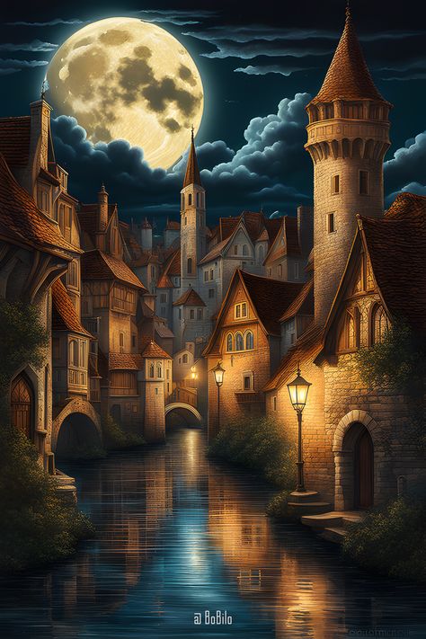 Fantasy Skyline, River Town, Magical City, Moonlit Sky, City Cartoon, Dreamy Landscapes, Landscape Quilts, Cottage Art, Steampunk Art