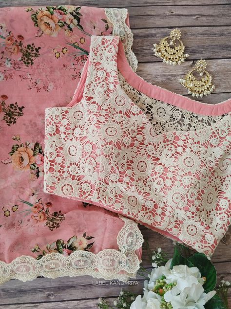 Cutwork Lace Border, Blouse Styling, Floral Blouse Designs, Floral Print Saree, Label Kanupriya, Sleeveless Blouse Designs, Cutwork Lace, Saree Ideas, Cutwork Blouse