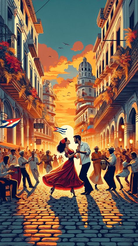 Transport yourself to the vibrant streets of Old Havana with this captivating vintage poster. Amidst the charming cobblestone streets and colonial facades, people dancing takes center stage. This poster encapsulates the timeless allure of Old Havana, making it a cherished piece of art for admirers of Cuban heritage and vintage aesthetics. With your purchase you receive 5 high resolution JPG images (300 dpi) printable in the following sizes: 2x3 Ratio file 4"x6", 6"x9", 8"x12", 10"x15", 12"x18", Vintage Cuba Aesthetic, Cuban Paintings, Black People Dancing, Cuban Aesthetic, Cuban Sayings, Cuba Aesthetic, Cuba Dance, High Resolution Posters, Cuban Poster