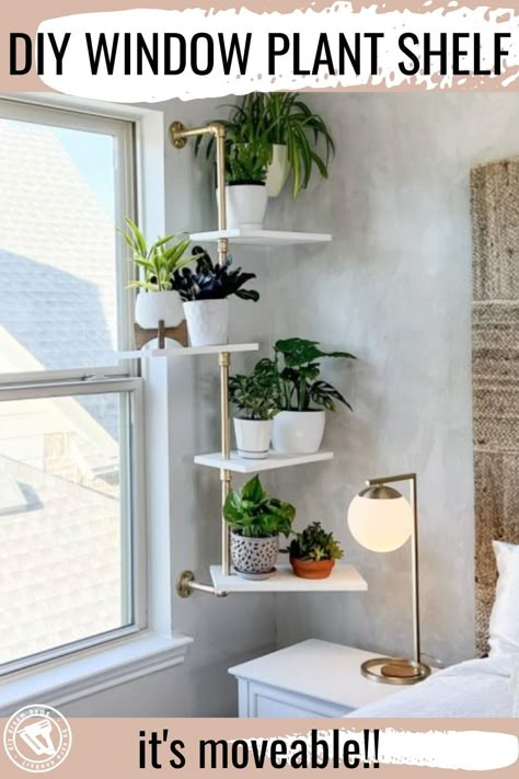 This plant shelf is moveable giving you the option to twist in front or away from the window. This project is beginner friendly! Window Plant Shelf, Indoor Plant Shelves, Plant Window, Corner Plant, Window Shelves, Window Plants, Stand Ideas, Plant Shelf, Bedroom Plants