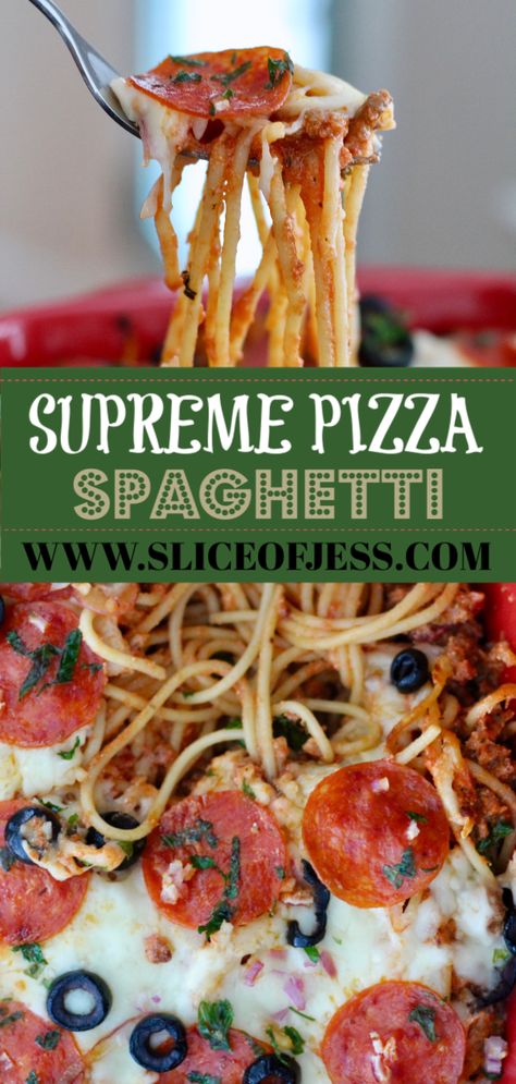 Spaghetti Pizza Pie Pioneer Woman, Spaghetti Supreme Bake, Pizza Spaghetti Bake, Supreme Pizza Recipes, Spaghetti Supreme, Spaghetti Pizza Casserole, Pizza Dinner Recipes, Pizza Spaghetti Casserole, Pizza Supreme