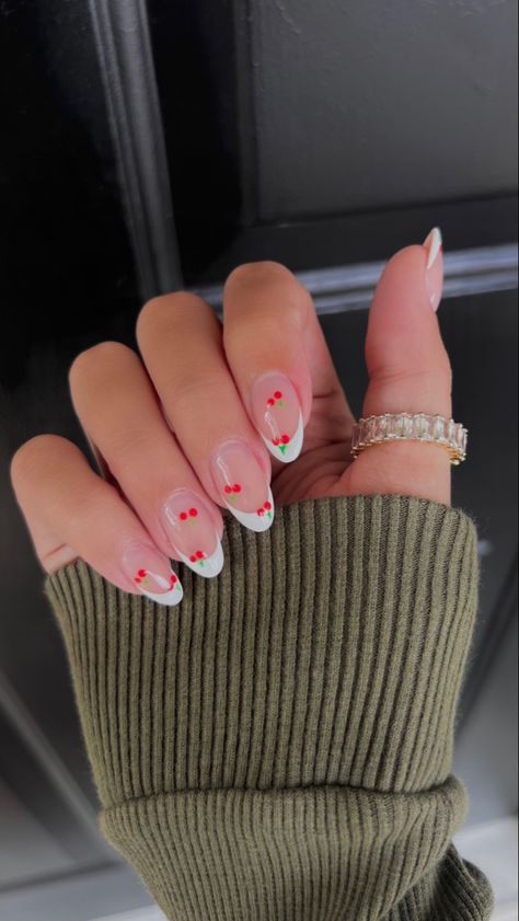 Red Tip Nails With Cherries, French Manicure With Cherries, Cherry Print Nails, Majorca Nails, French Nails With Cherries, French Nails With Cherry, Nails Cherry Design, French Tip With Cherries, Cherry French Tips