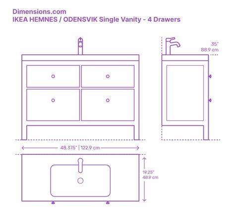 The IKEA HEMNES / ODENSVIK Single Vanity (4 Drawers) is the perfect vanity for tight bathroom spaces as it has a petite size. The bottom cabinet of the vanity features 2 drawers that pull out fully. The IKEA HEMNES / ODENSVIK Single Vanity was designed by Magnus Elebäck for IKEA. Downloads online #fixtures #bathroom #vanities #IKEA Vanity Measurements, Double Sink Cabinet, Ikea Godmorgon, Vessel Sink Vanity, Ikea Bathroom, Sink Sizes, Vanity Drawers, Ikea Hemnes, Tiny Bathrooms