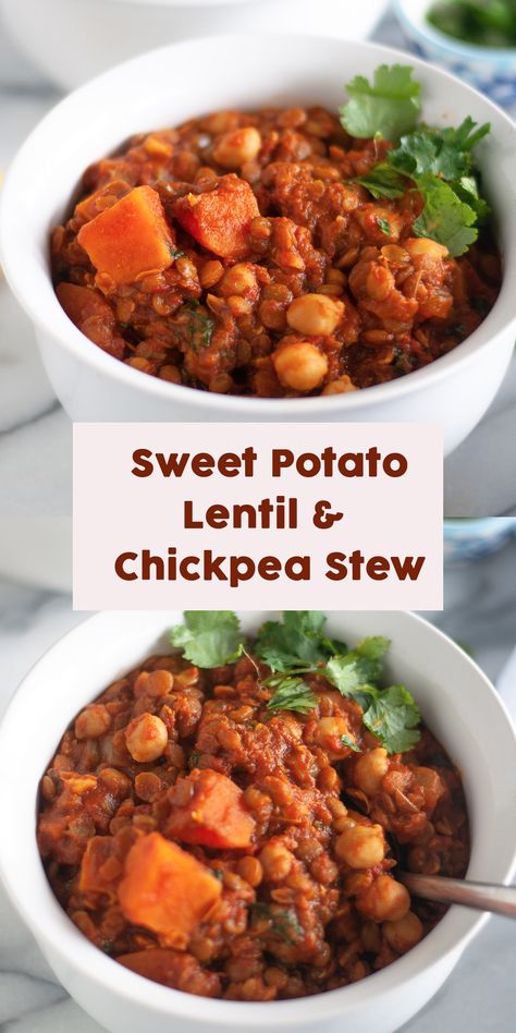 Sweet Potato Lentil and Chickpea Stew with warming spices is a protein packed stew perfect on a chilly night. A healthy stew recipe the family will love! #recipes #healthy #food #vegan #dinner #stew #sweetpotatoes #lentil #chickpeas #easyrecipes Lentils And Chickpeas, Chickpeas Stew Recipes, Chickpea Potato Stew, Chickpea Sweet Potato Stew, Moroccan Sweet Potato Lentil Stew, Vegan Sweet Potato Chickpea Curry, Healthy Stew Recipes, Healthy Stew, Chickpea Stew