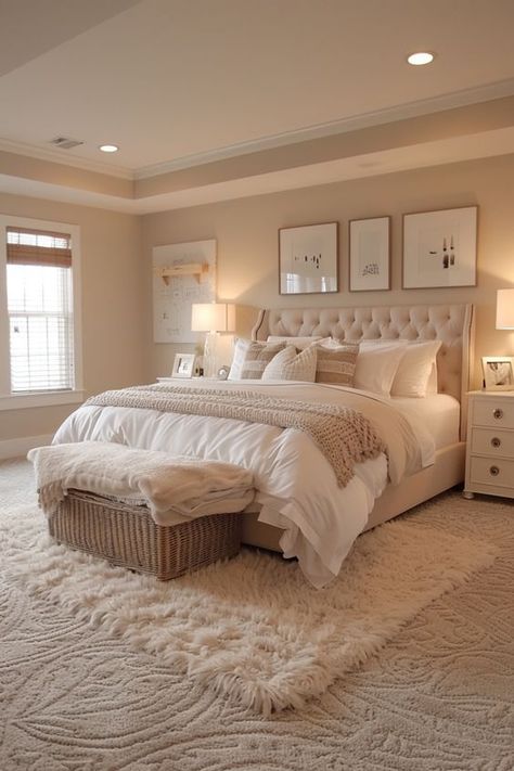 Emslifeandloves Bedroom Ideas With Cream Headboard, Big Rug In Bedroom, All Cream Bedroom, Aesthetic Apartment Bedroom Ideas, French Country Aesthetic Bedroom, Cream And Tan Bedroom, House Inspiration Bedroom, Queen Size Bedding Ideas, Bedroom Chic Decor